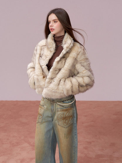 Apricot Double-Breasted Fur Jacket