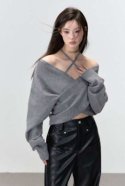 Grey &amp; White Off-shoulder Knitted Wool Sweater