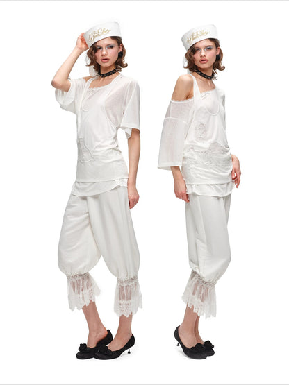 Lace Trim Cropped Pants