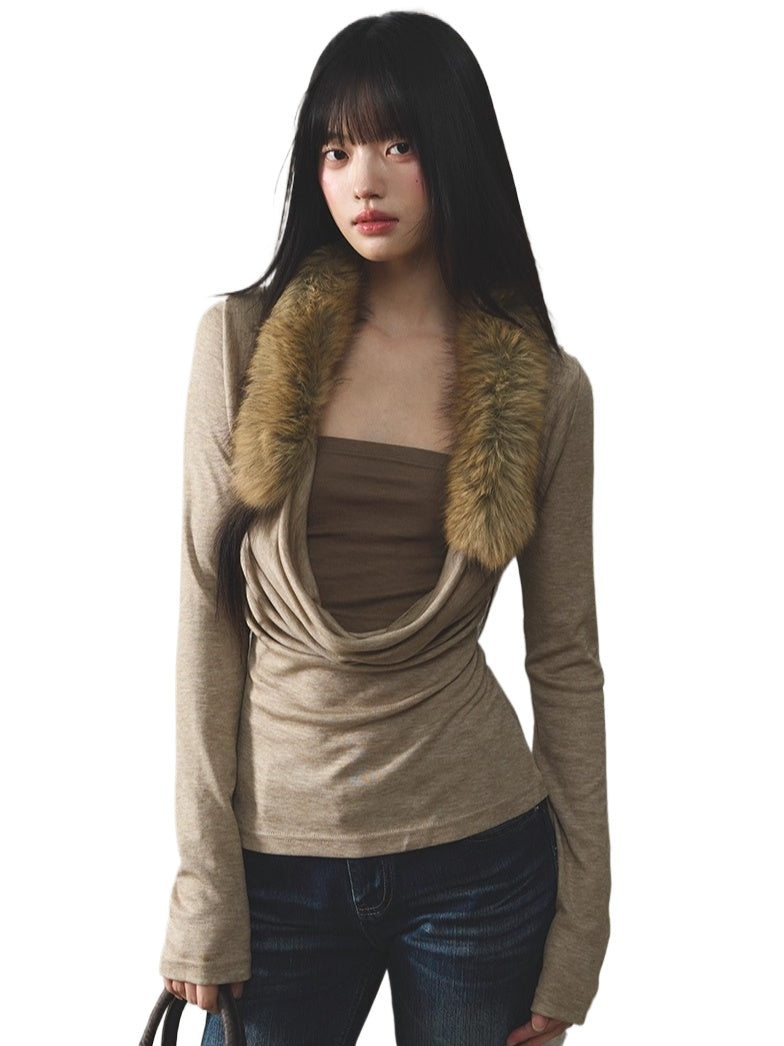 Oatmeal Fur Collar Knit Top