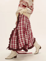 Asymmetric Ruffle Plaid Midi Skirt