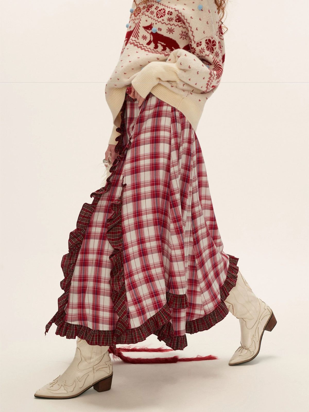 Asymmetric Ruffle Plaid Midi Skirt