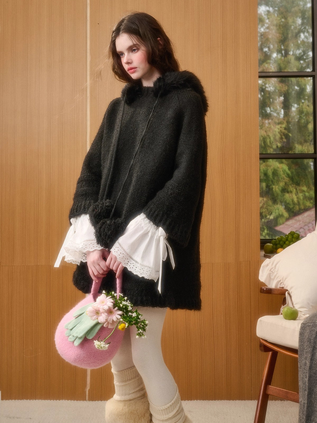 Hooded Faux-Fur Knit Cape Dress