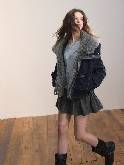 Velvet Denim Oversized Fur Collar Down Jacket