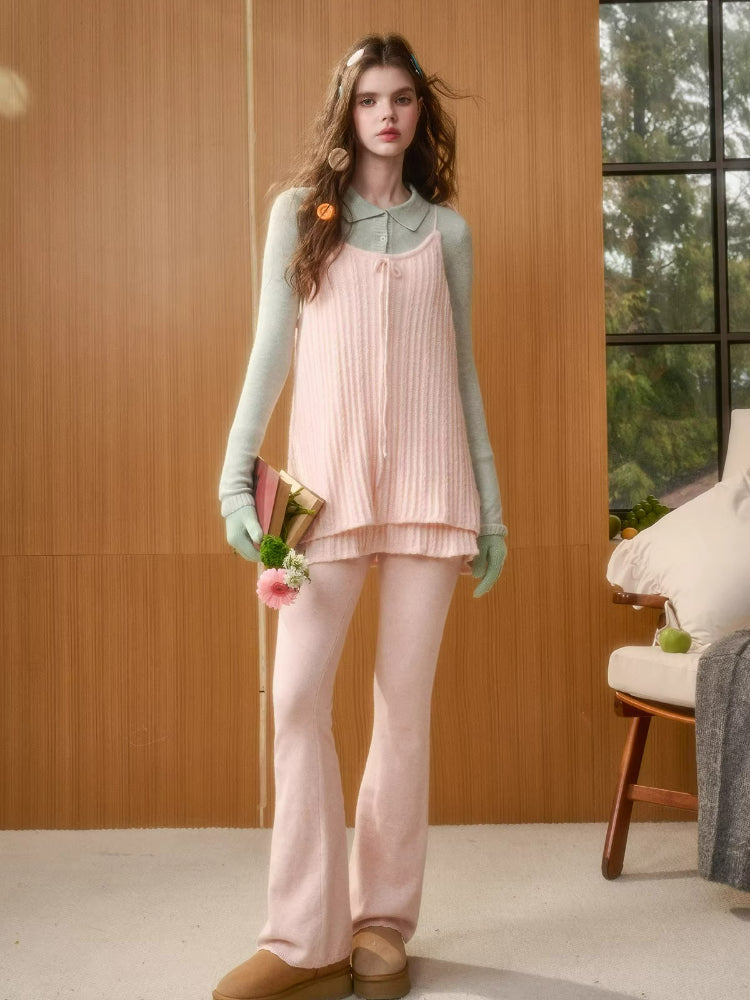Bow Strap Knit Cami Lace &amp; Pants Set