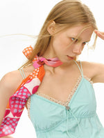 Orange Plaid Floral Ribbon Scarf