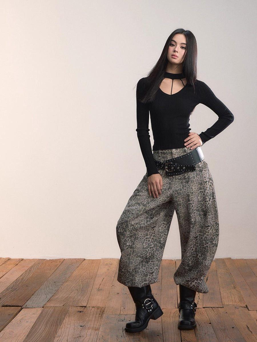 Leopard Print Scythe Wide-Leg Casual Jeans