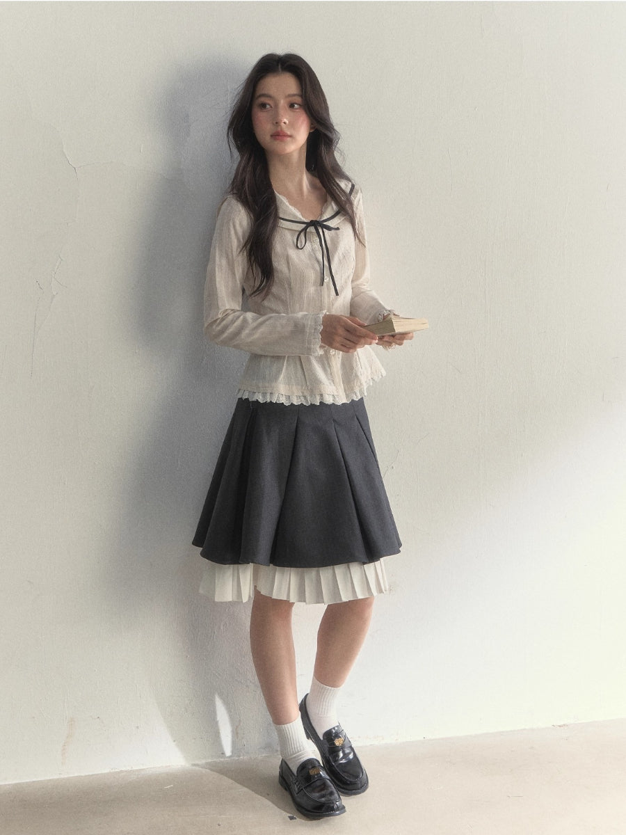 Beige Textured Sailor Collar Shirt &amp; Skirt Set