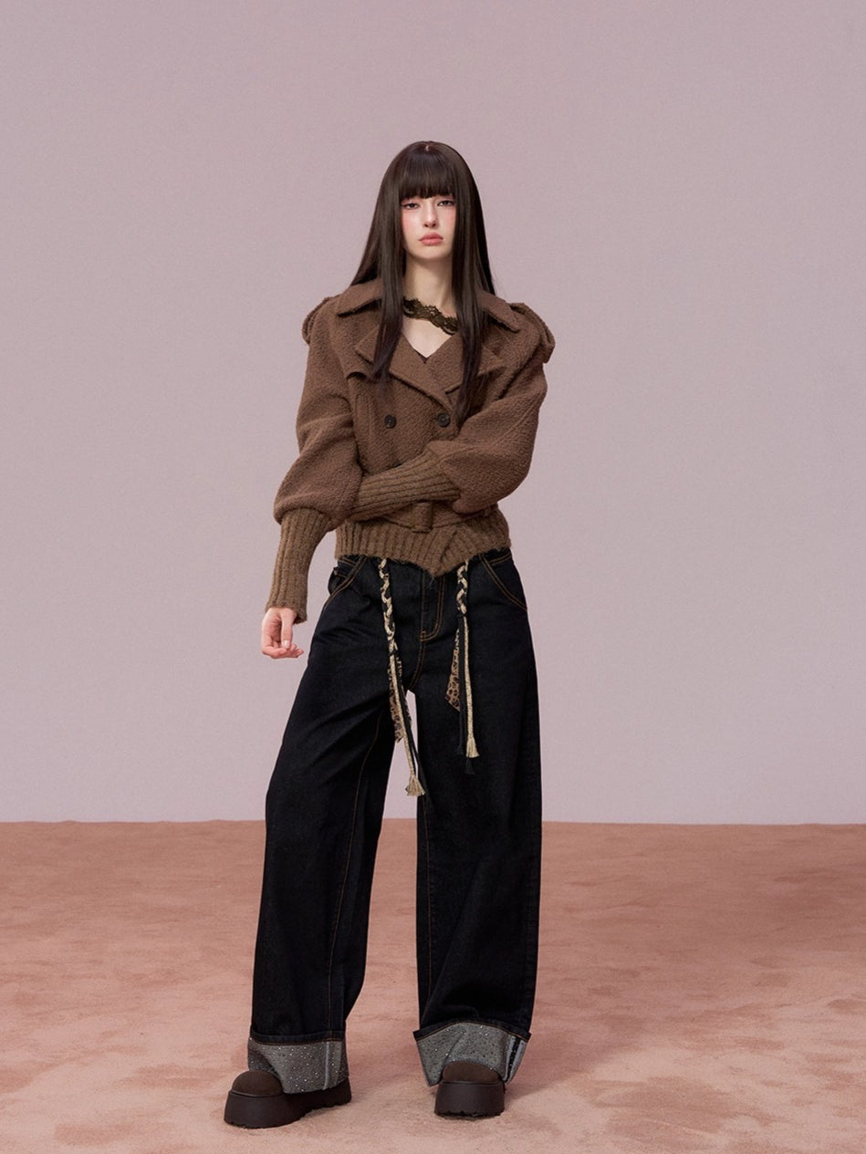 Rhinestone Cuffed Wide-Leg Denim Jeans