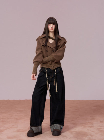 Rhinestone Cuffed Wide-Leg Denim Jeans