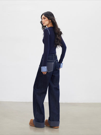 Navy Plaid Embroidered Knit Top