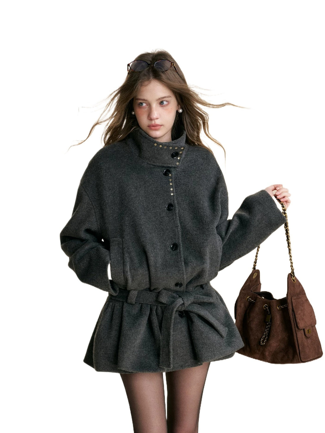 Gray Floral Sequin Wool Coat
