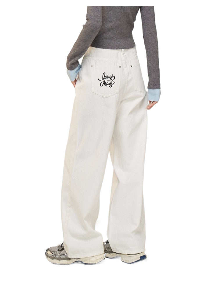 Letter Embroidery Denim Wide-Leg Pants