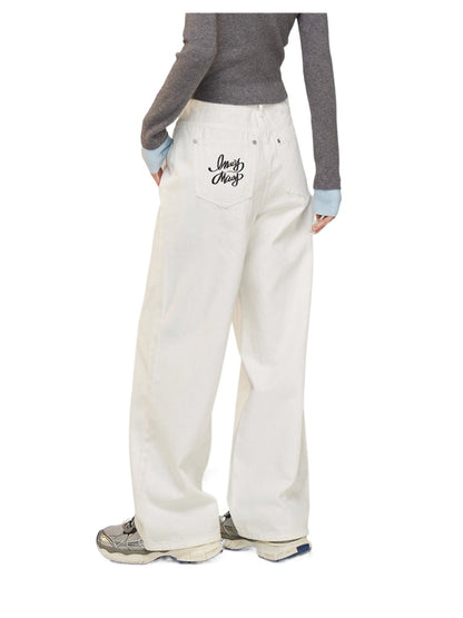 Letter Embroidery Denim Wide-Leg Pants