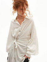 Striped Linen Tie Waist Long Shirt