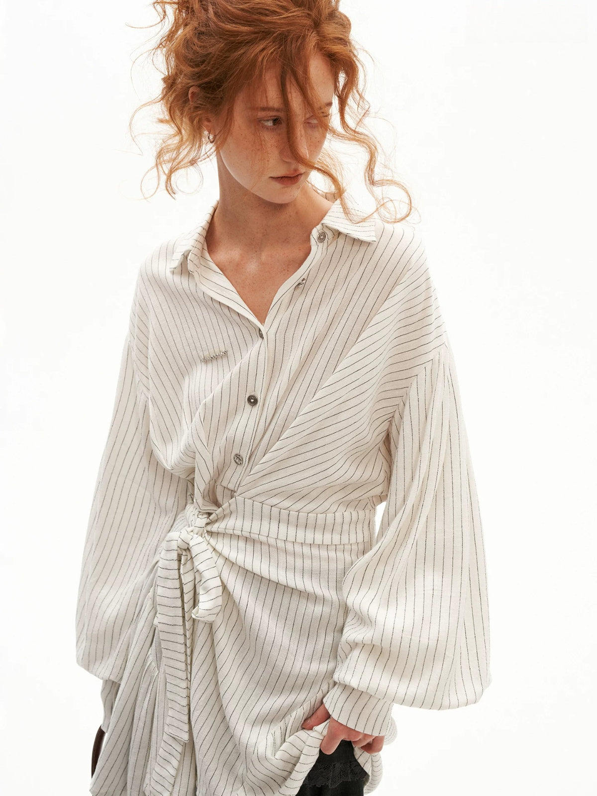 Striped Linen Tie Waist Long Shirt