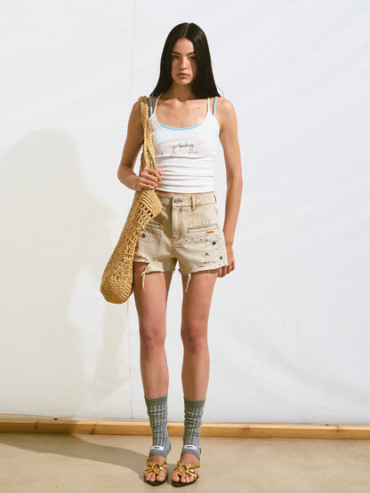 Embroidered Gradient Rhinestone Casual Shorts