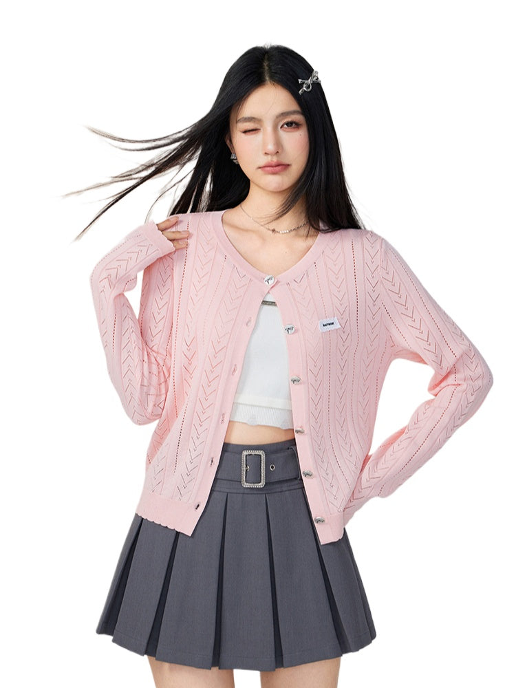 Pink &amp; Off-white Lace Knit Cardigan