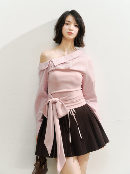 Asymmetric Shoulder Fake Two-Piece Striped Patchwork Shirt