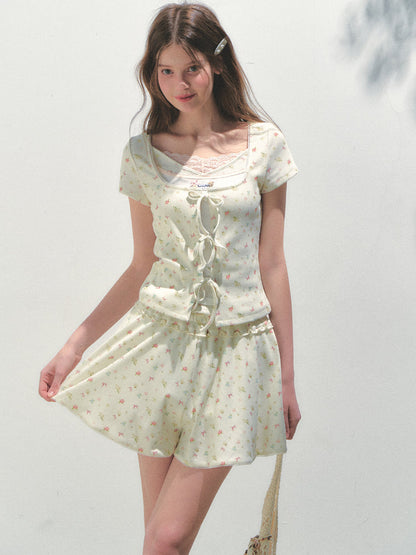 Sea Salt Flavor Printed Short-Sleeve Tie T-shirt &amp; Skirt Set