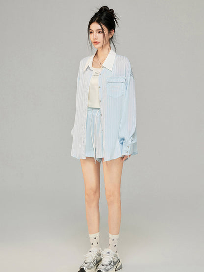 Color-block Shiny Silk Shirt &amp; Shorts Set