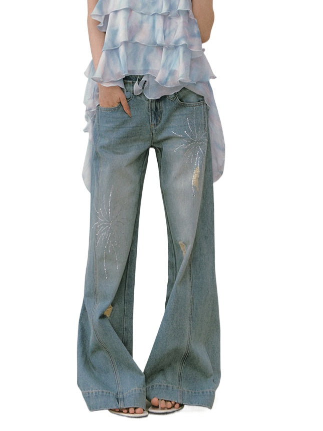 Rhinestone Double-Waistband Straight-Leg Jeans