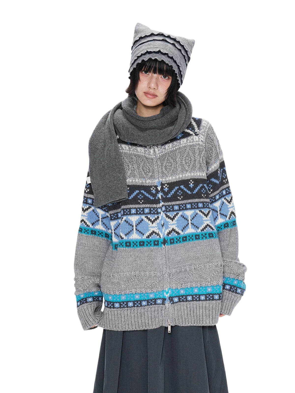 Contrast Stand Collar Knit Cardigan