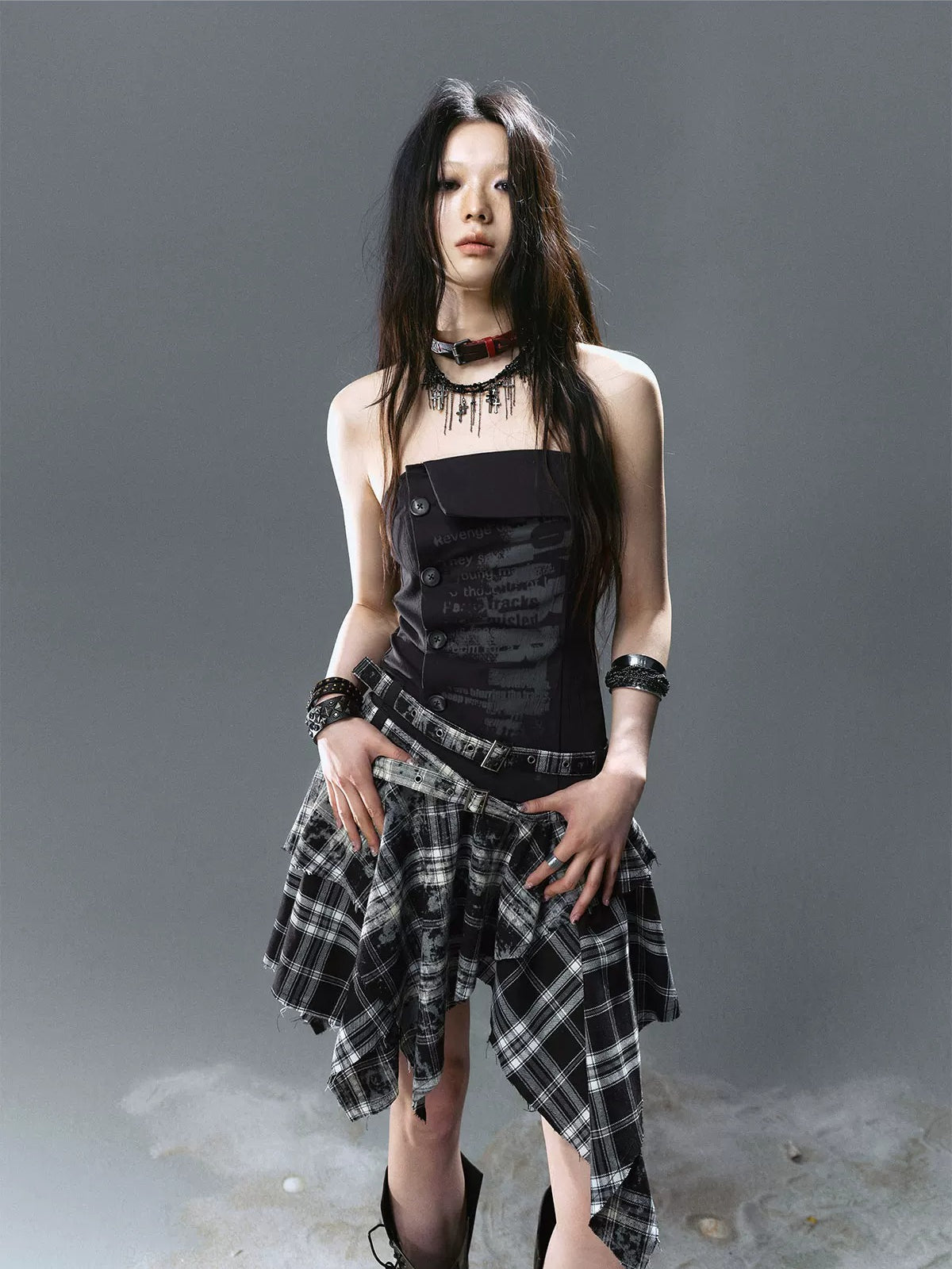 Graffiti Ruched Plaid Bustier Dress