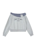 Plaid Embroidery Off-Shoulder Sweatshirt