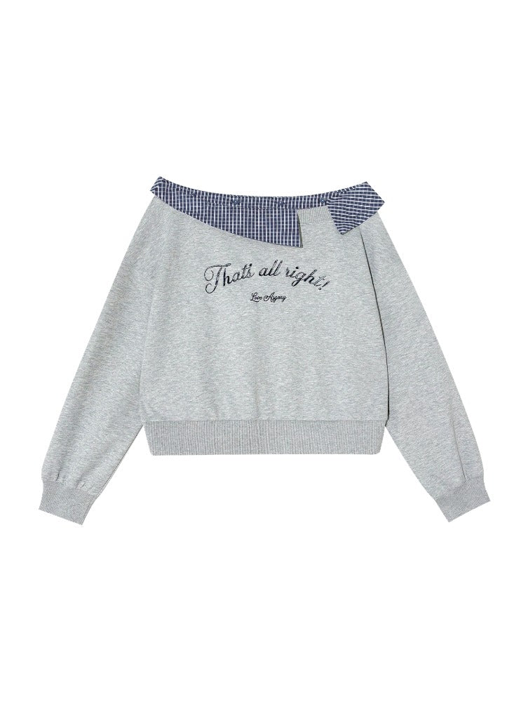 Plaid Embroidery Off-Shoulder Sweatshirt