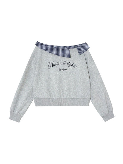 Plaid Embroidery Off-Shoulder Sweatshirt