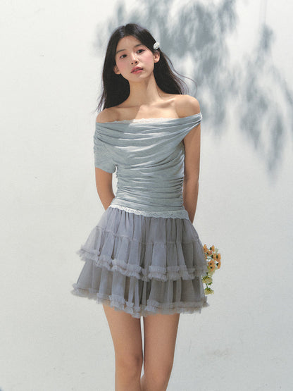 Grey Mesh Tiered A-Line Skirt