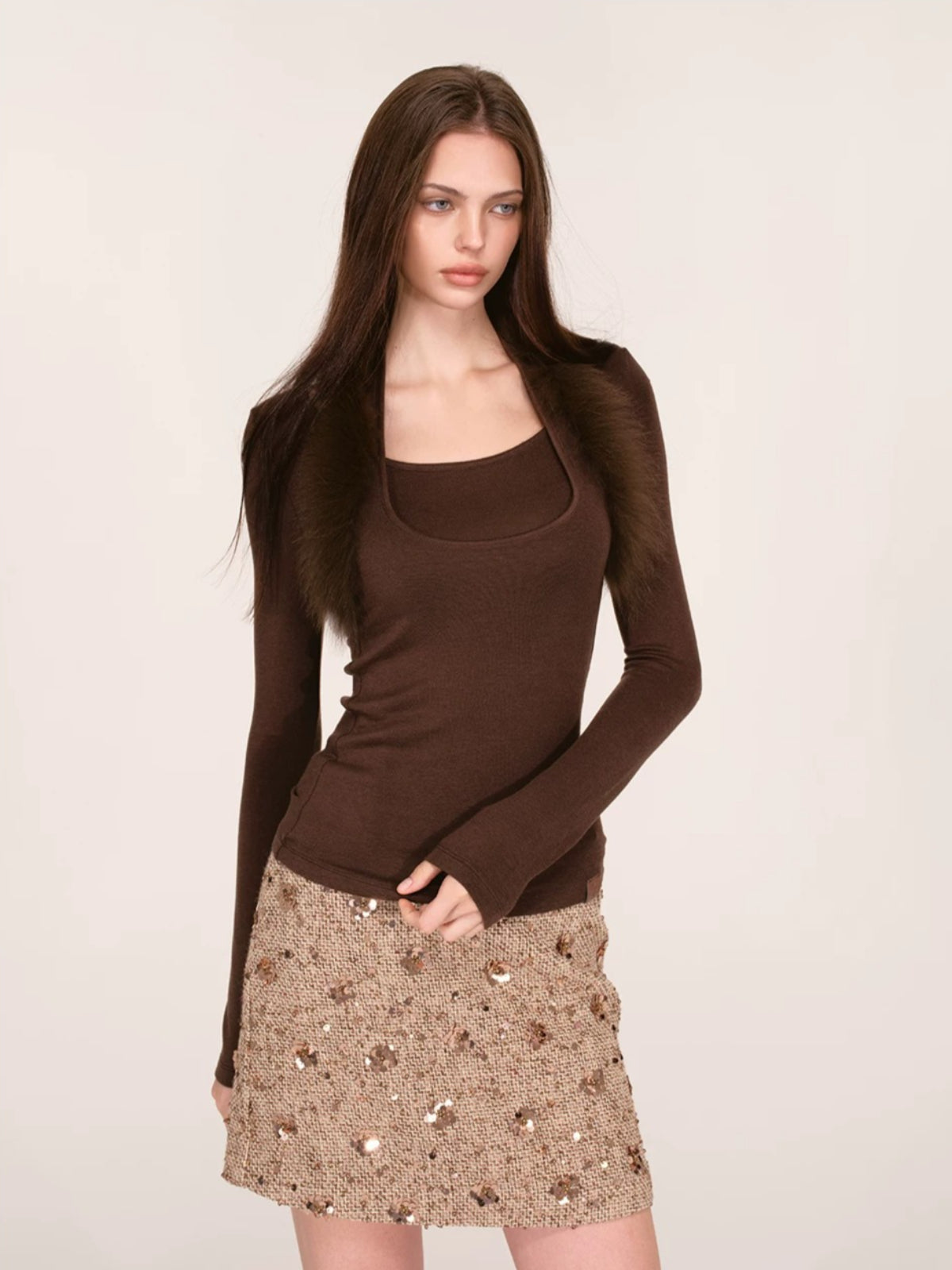 Fox Fur Trim Layered Halter Knit Top