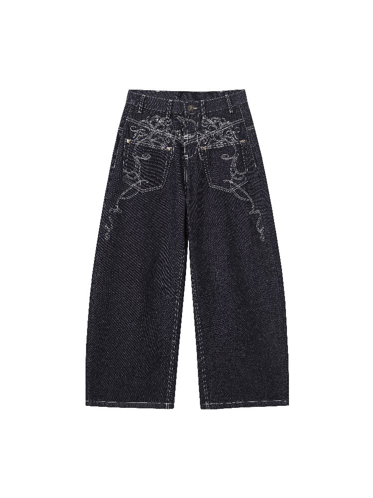 Embroidered Curved Wide-Leg Jeans