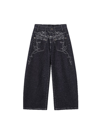 Embroidered Curved Wide-Leg Jeans