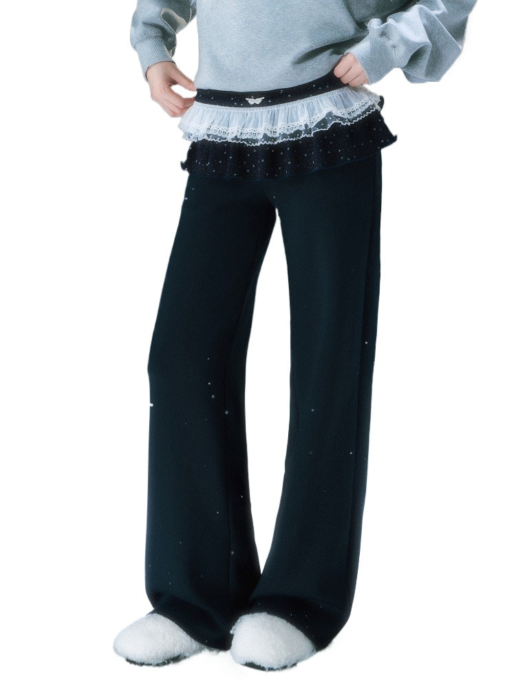 Navy Blue Star Lace Pleated Straight-leg Pant Set