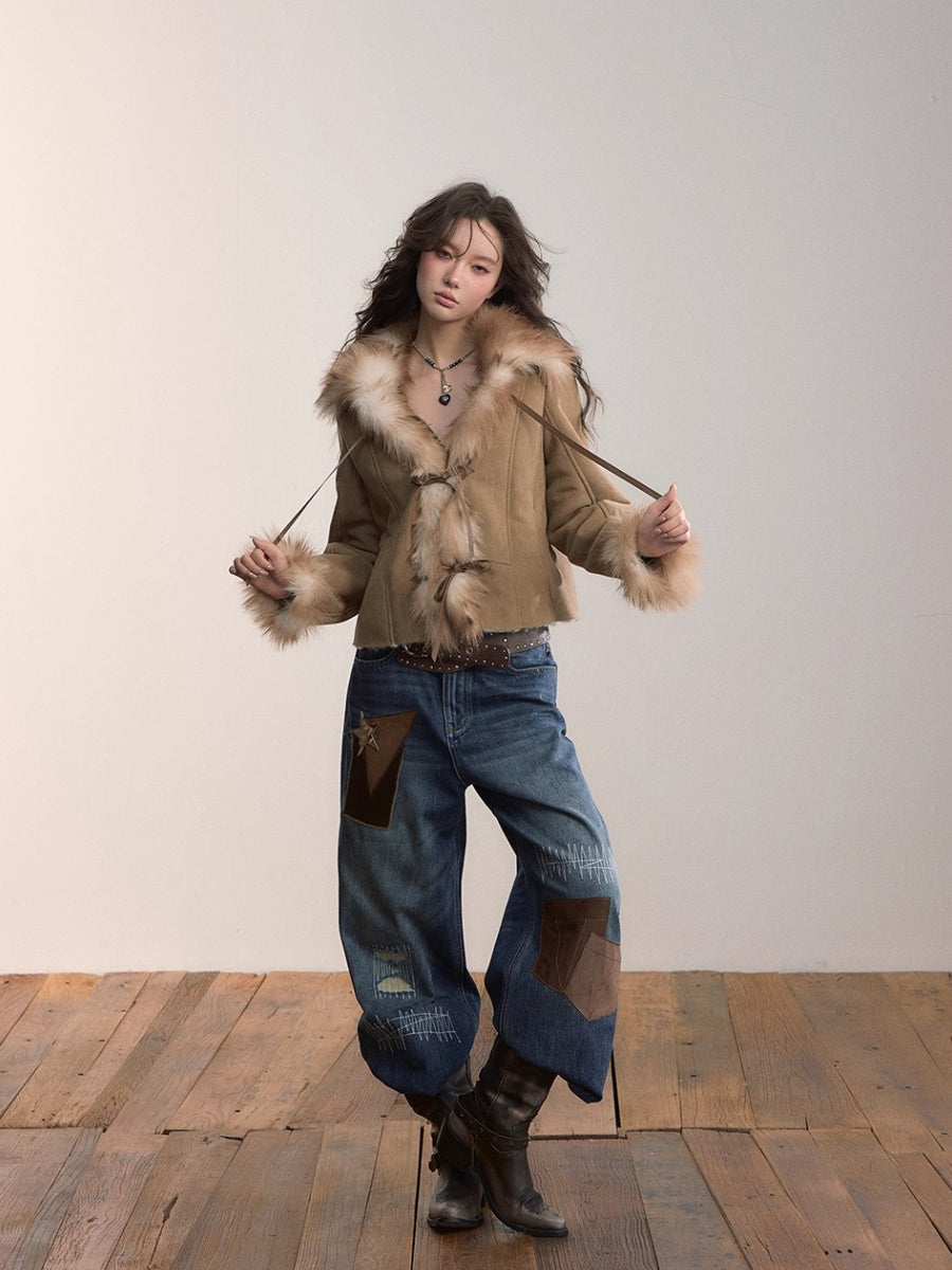 Bow Knot Tie Faux Leather Fur Combo Jacket