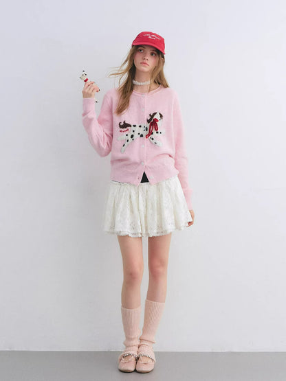 Pony Jacquard Bow Crewneck Knit Cardigan
