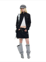 Stand Collar Denim Jacket & Skirt Set