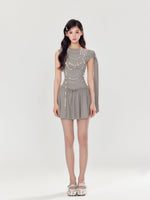 Off-Shoulder Pearl and Rhinestone Puff Dress