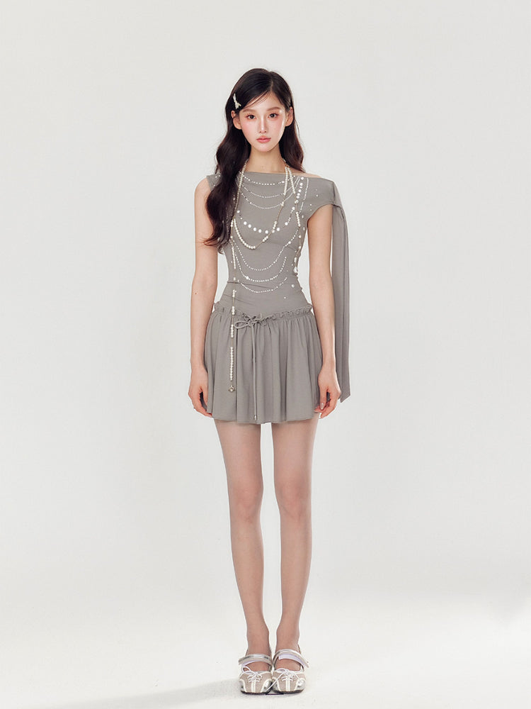 Off-Shoulder Pearl and Rhinestone Puff Dress