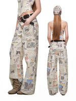 Cat Newspaper Print Canvas Pants