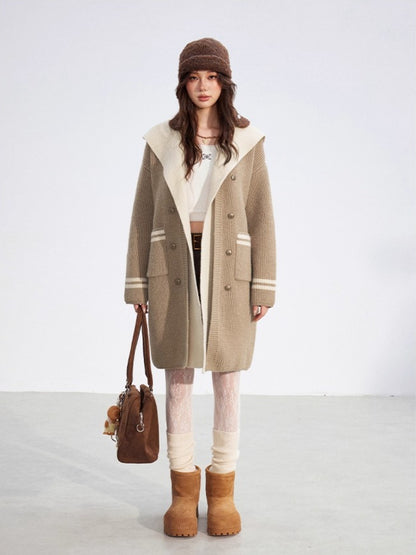 Detachable Collar Long Knit Coat