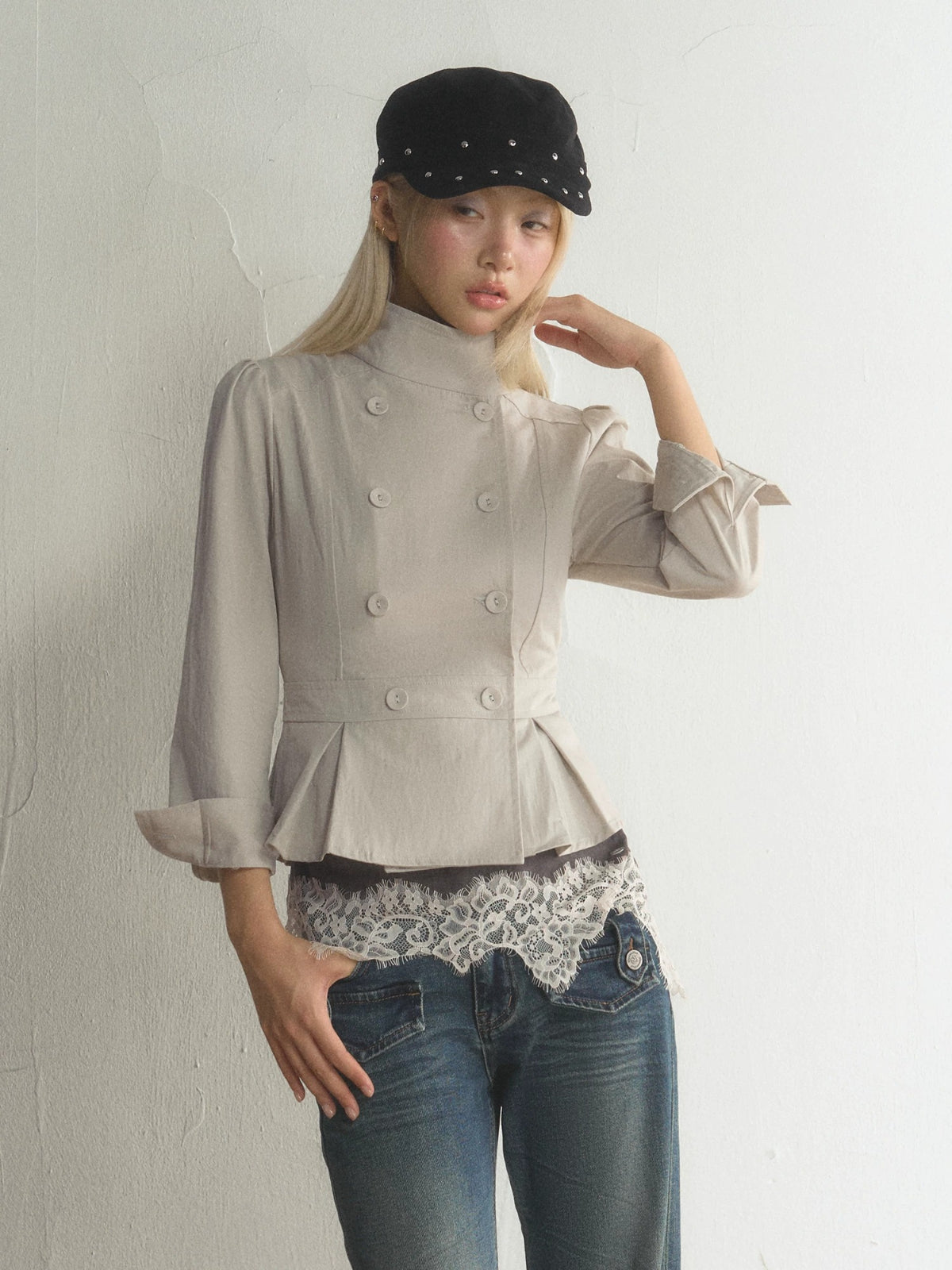 Vintage Stand Collar Peplum Jacket