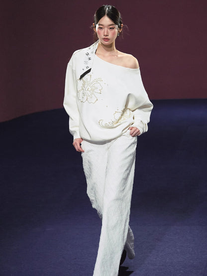 Beaded Off-shoulder Silhouette Sweatshirt