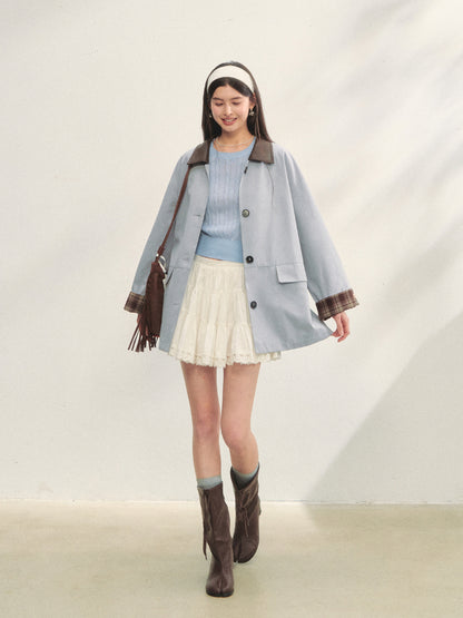 Plaid Patchwork Color-Block Trench Coat