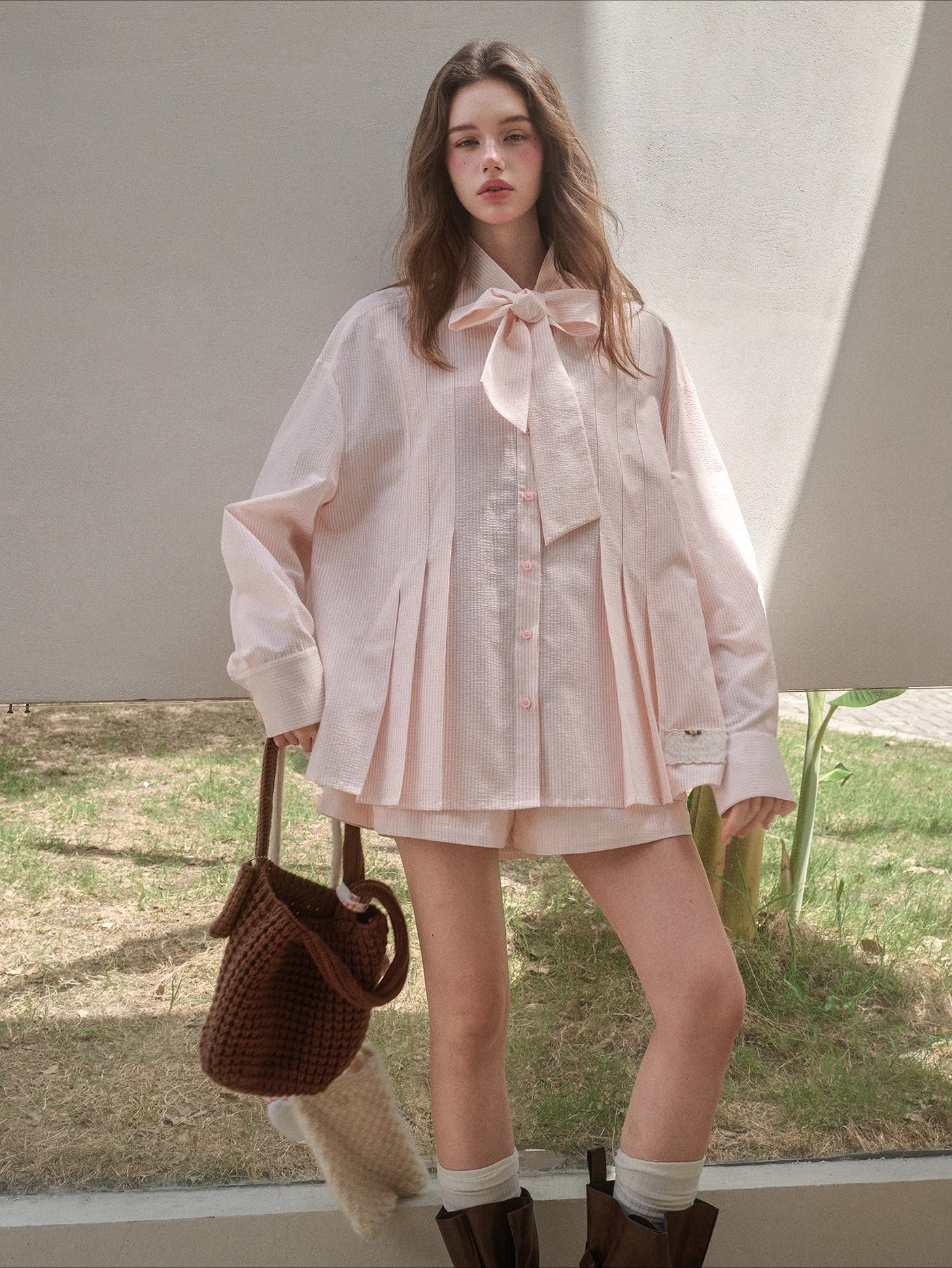 &quot;Perfume Memoir&quot; Tencel Cotton Bow Blouse Set