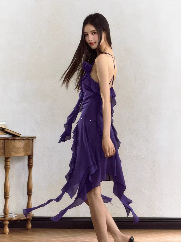Rose Ruffle Irregular Hem Camisole Dress