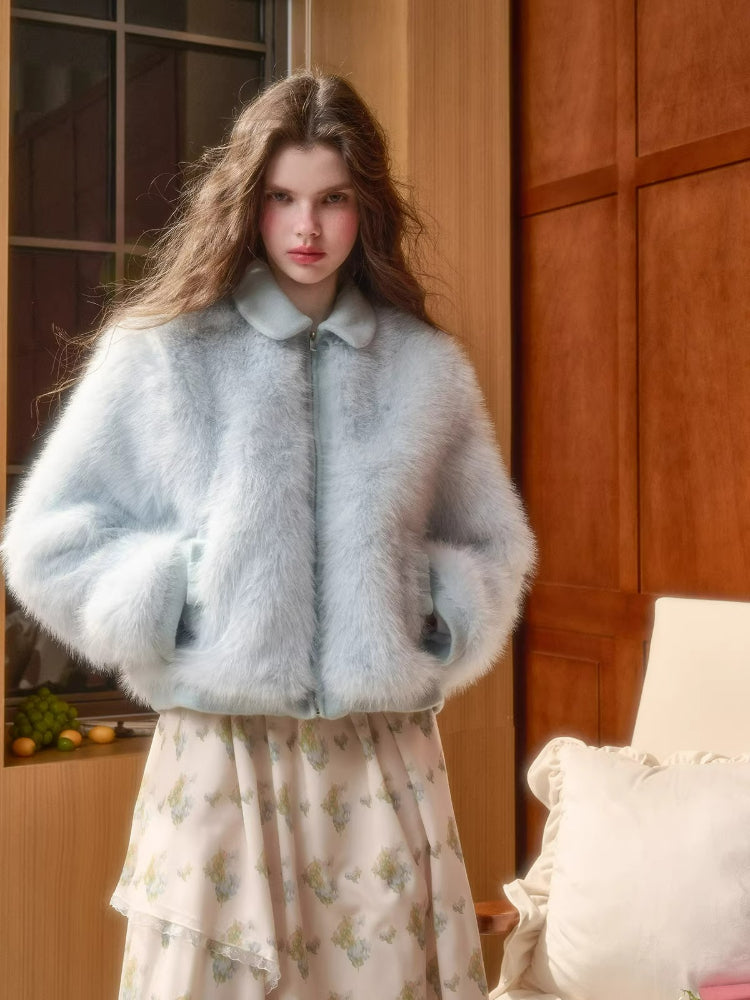 Blue Doll Collar Faux Fur Jacket
