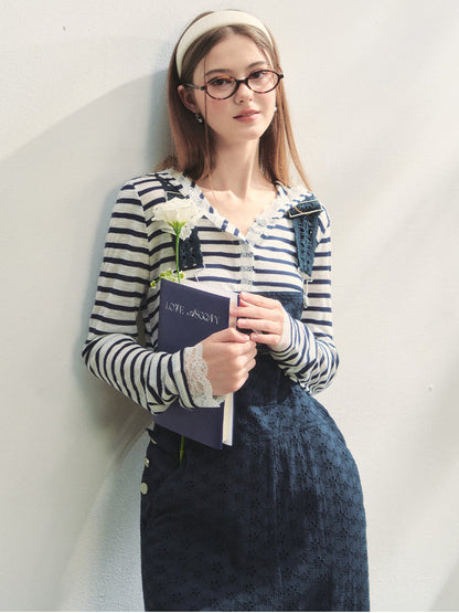 Striped Color-block Lace Spliced T-Shirt